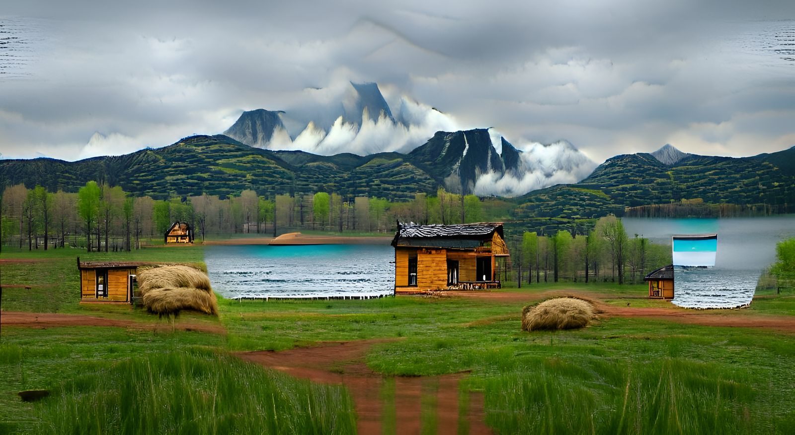 Cabin in Open Field with Mountain View