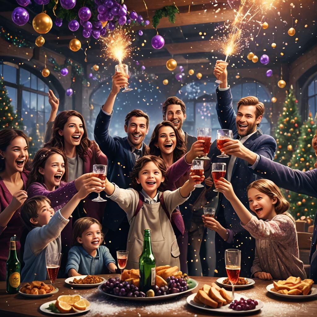 Family Cheers New Year in Detailed Matte Painting