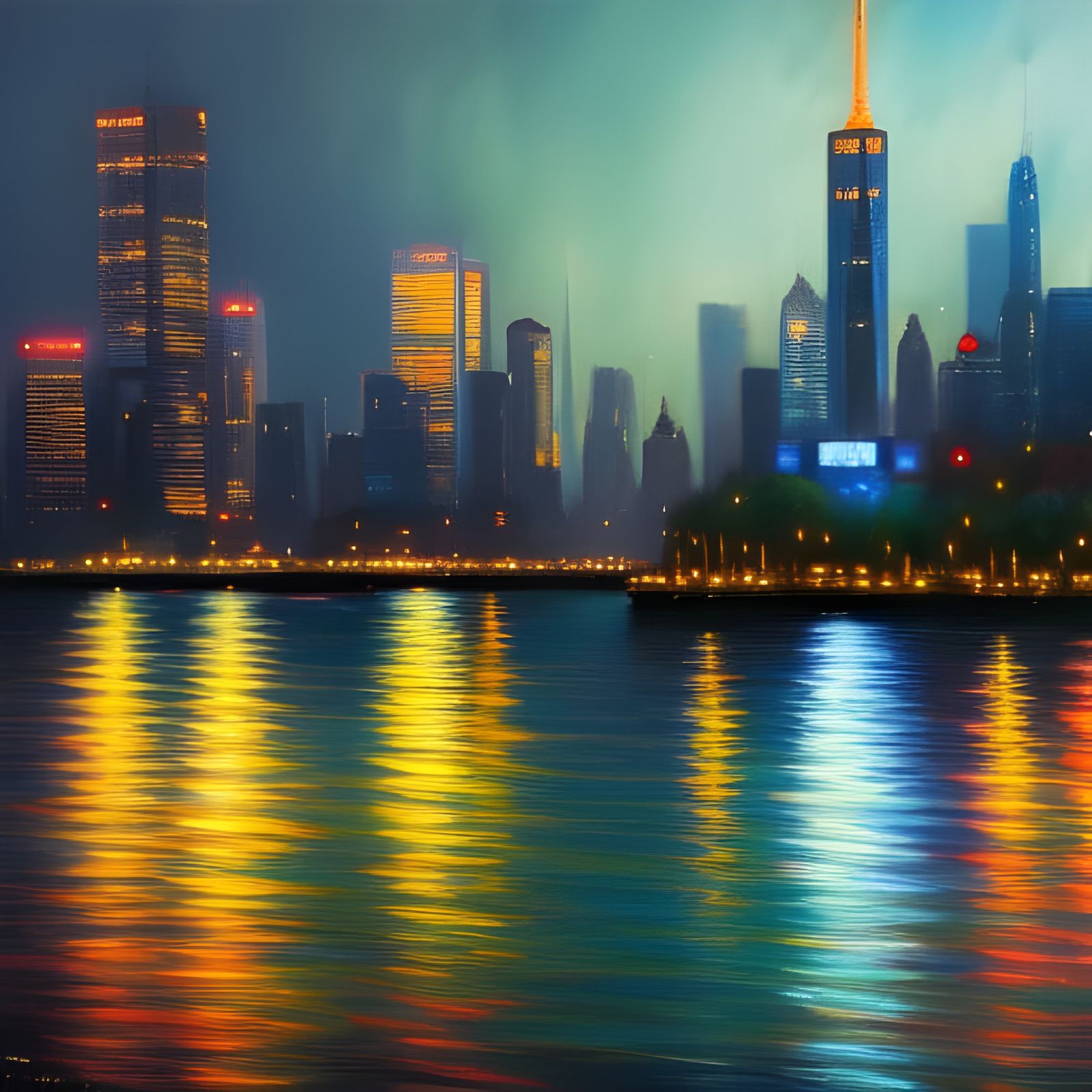 New York City Skyline at Night as Oil Painting