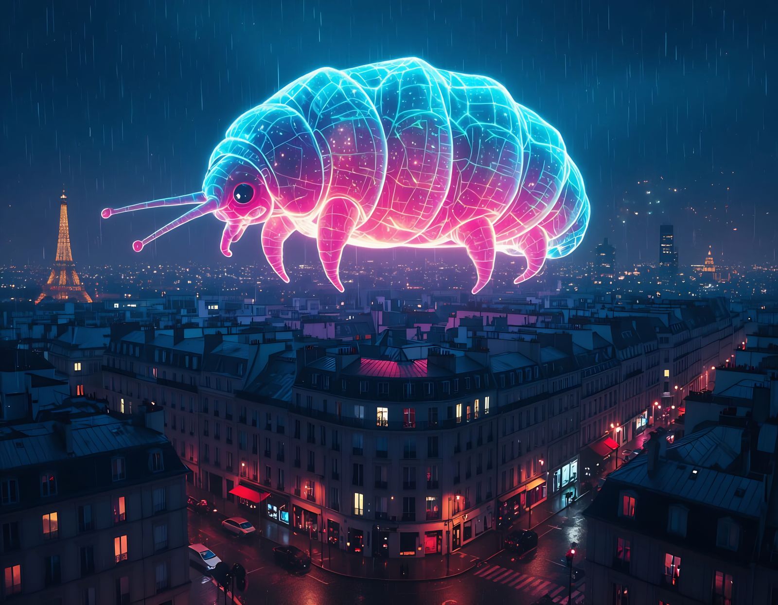 Hopper-esque Nocturnal Paris Cityscape with Giant Tardigrade