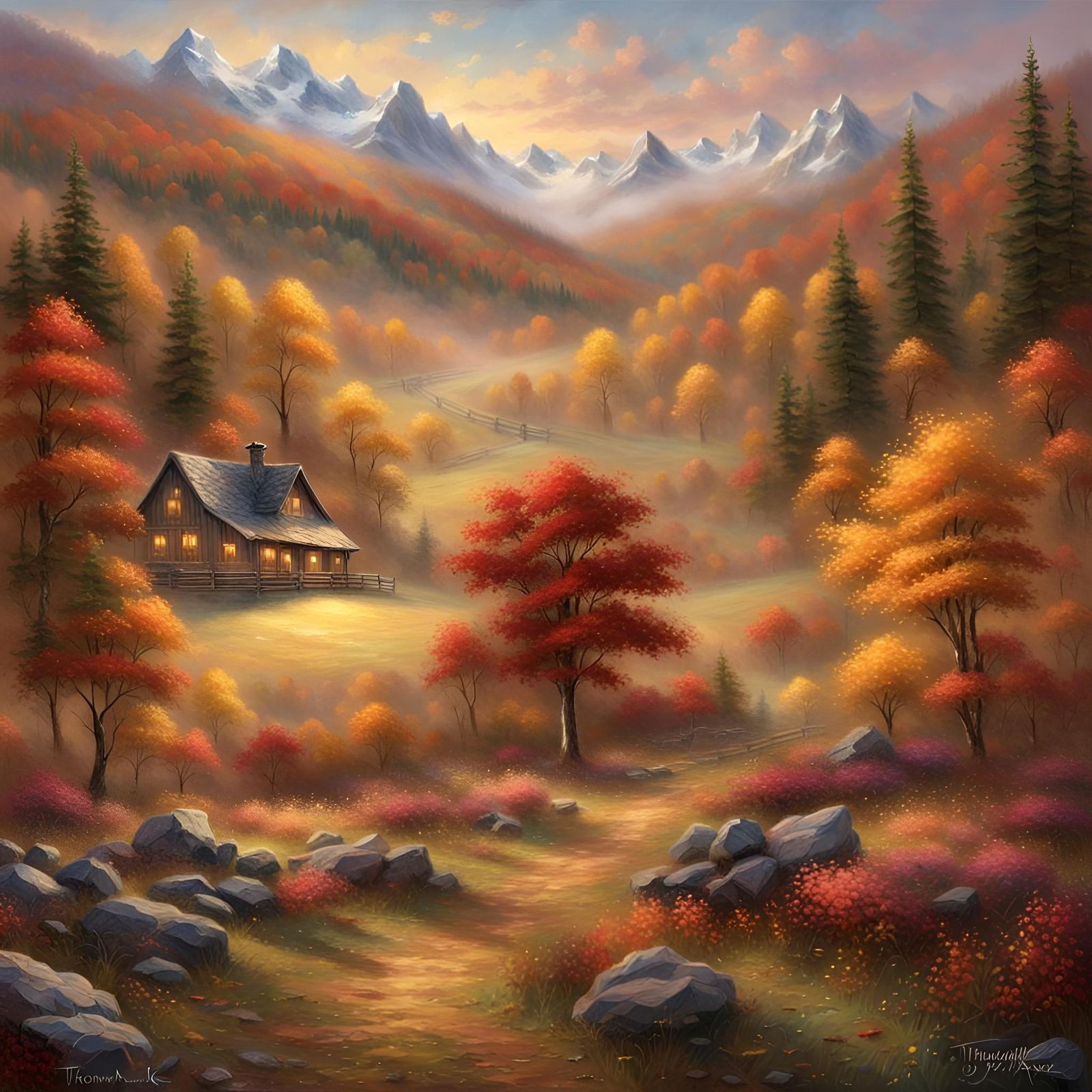 Autumn Meadow Fantasy Landscape in Kinkade Style