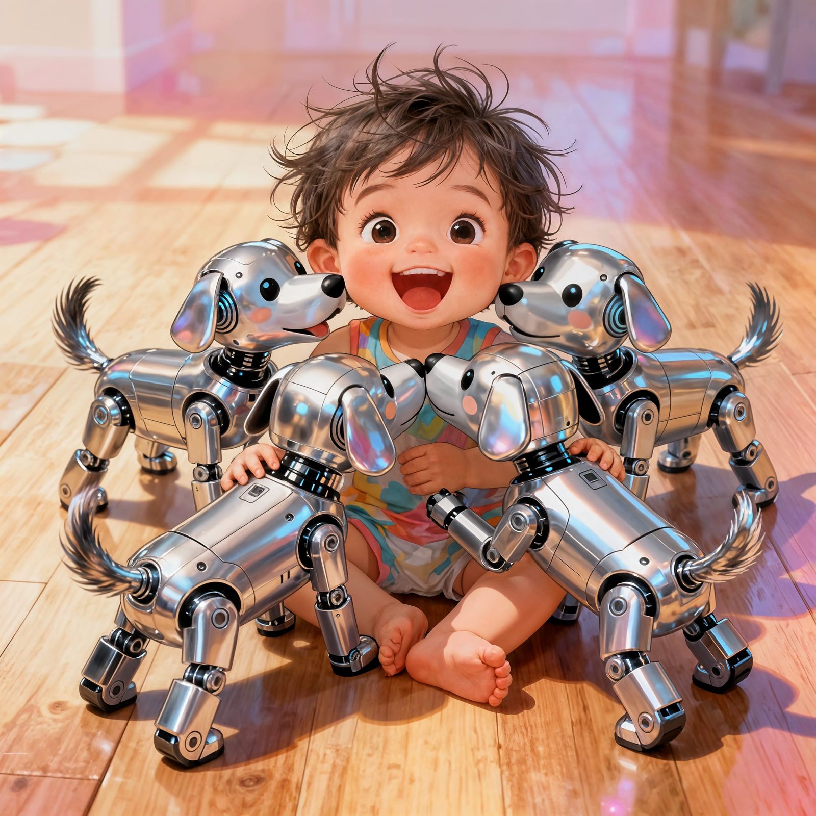 Excited Toddler Surprised by Playful Android Puppies