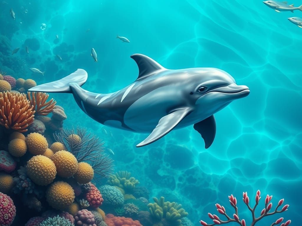 Dolphin Swimming in Turquoise Ocean with Coral Reef