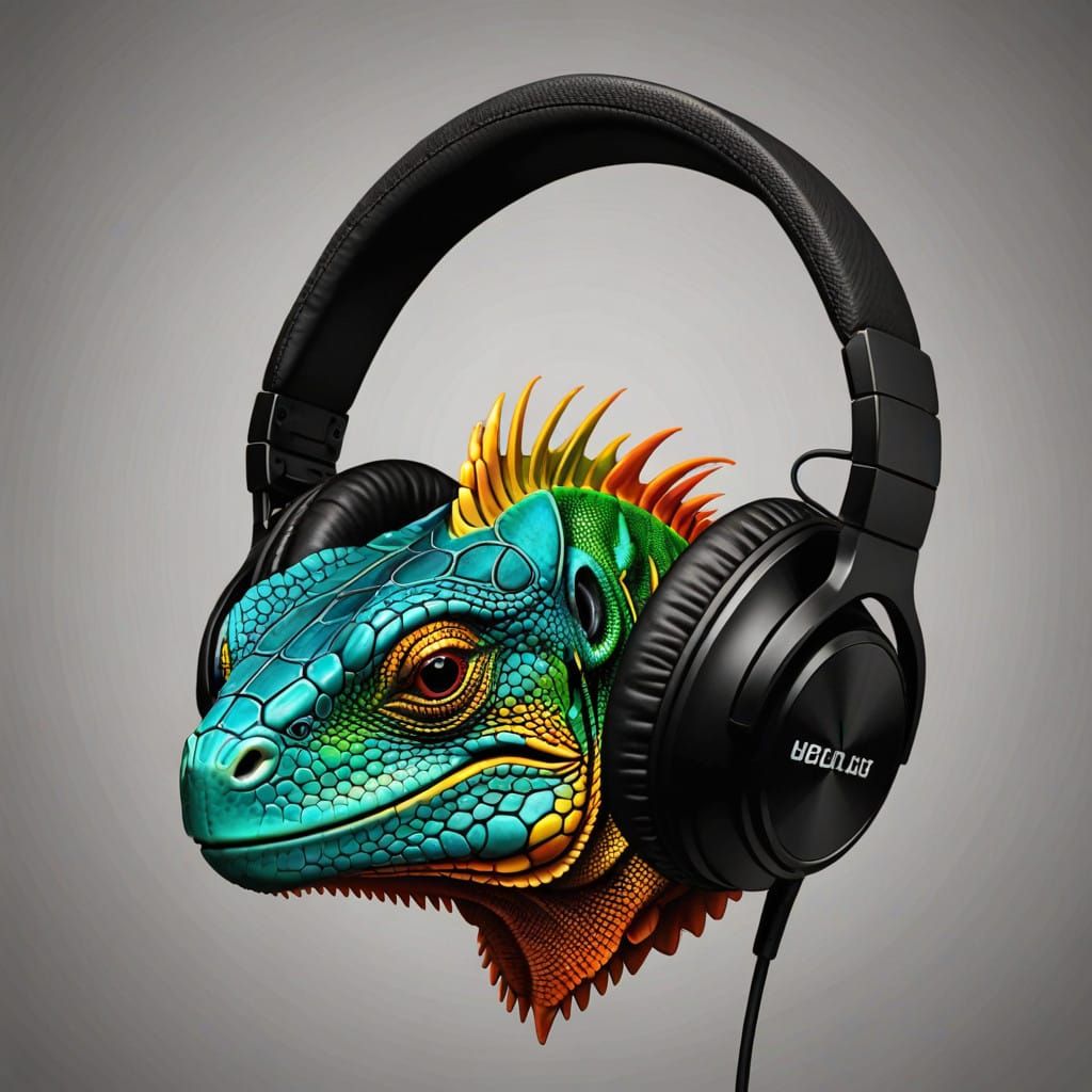 Whimsical Iguana in Vibrant Headphones