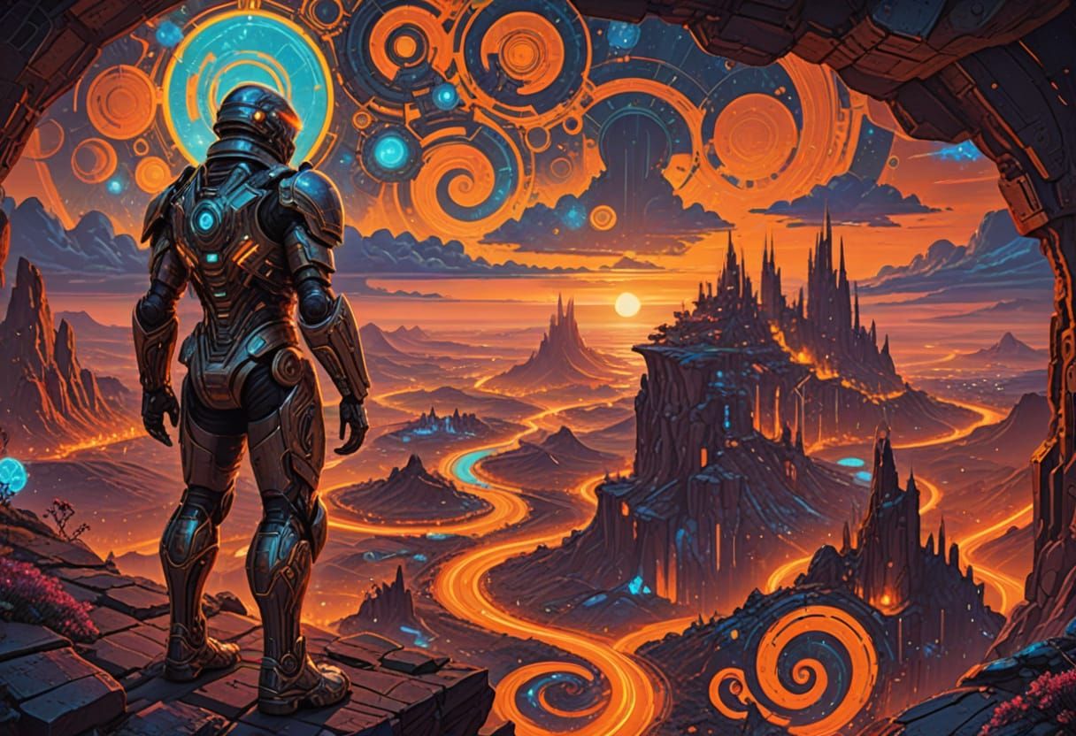 Cyborg Adventurer on Cliff in Sci-Fi Fantasy Art