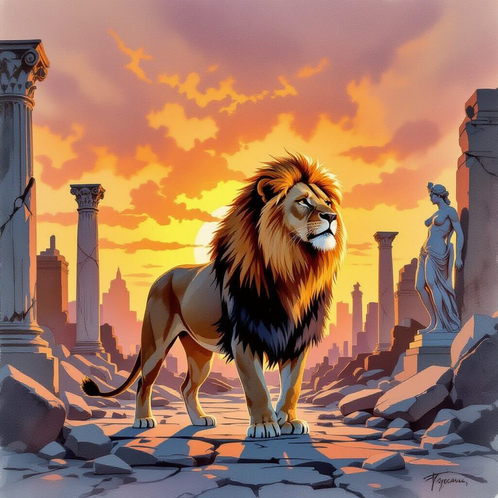 Majestic Lioness in Ruined City at Sunset
