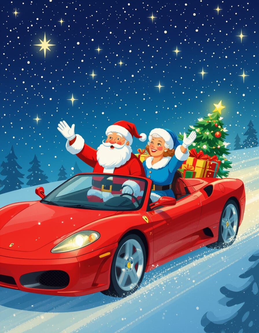 Santa and Mrs Claus Soar in a Sports Car with Gifts