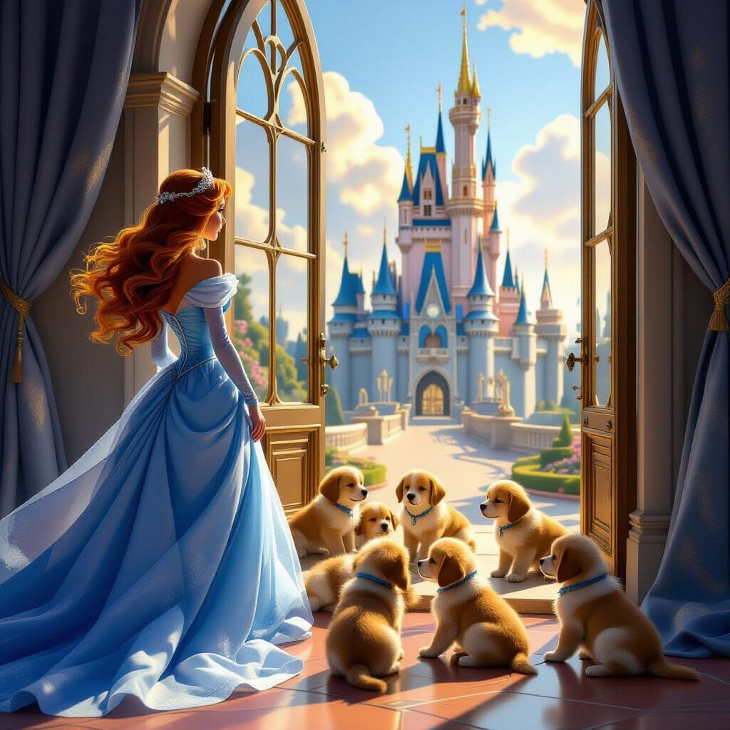 Disney Princess Gazes Out Castle Window with Playful Puppies