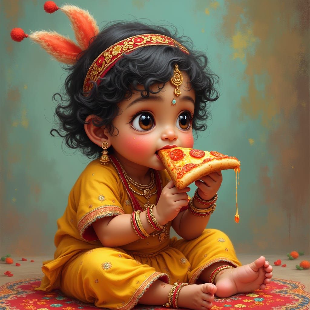 Hindu Infant Enjoys Pizza in Vibrant Digital Art