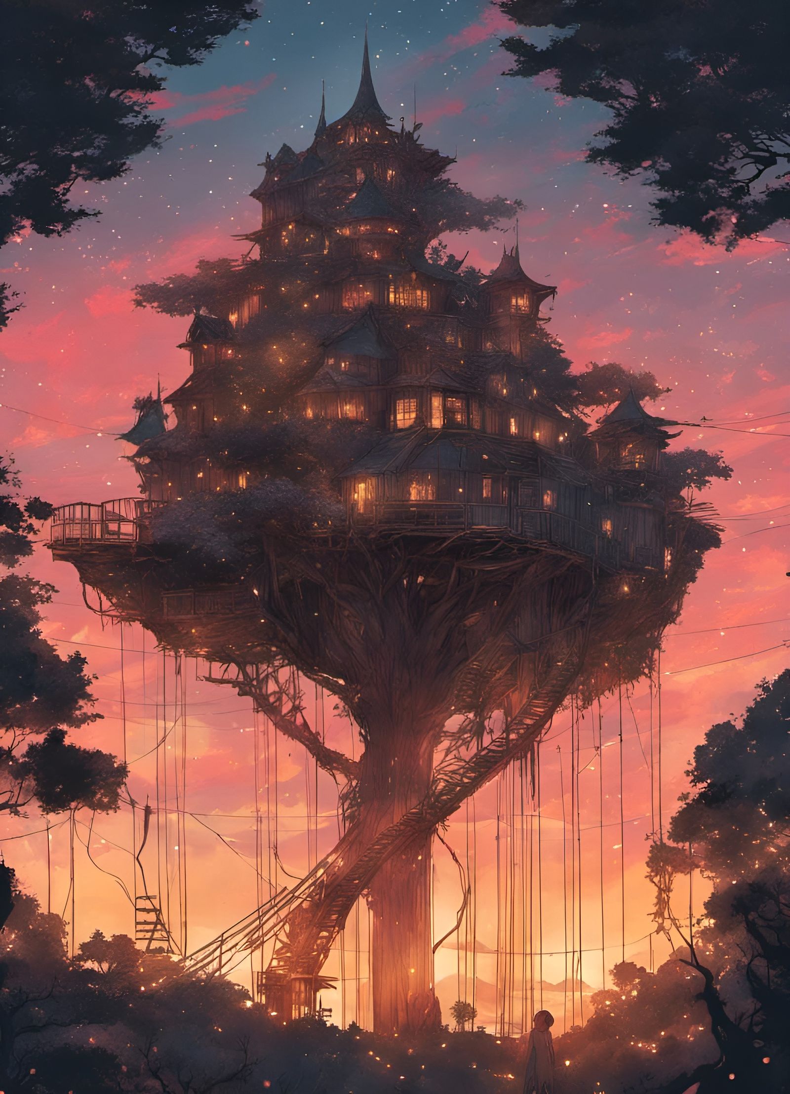 Rose Treehouse Castle at Sunset: Anime Style