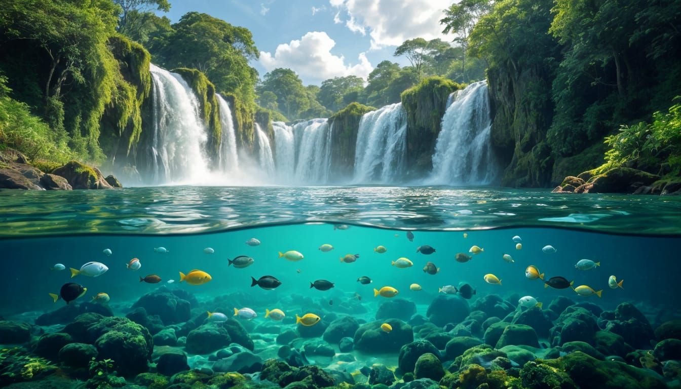 Stunning 3D Waterfall Landscape with Underwater Lake