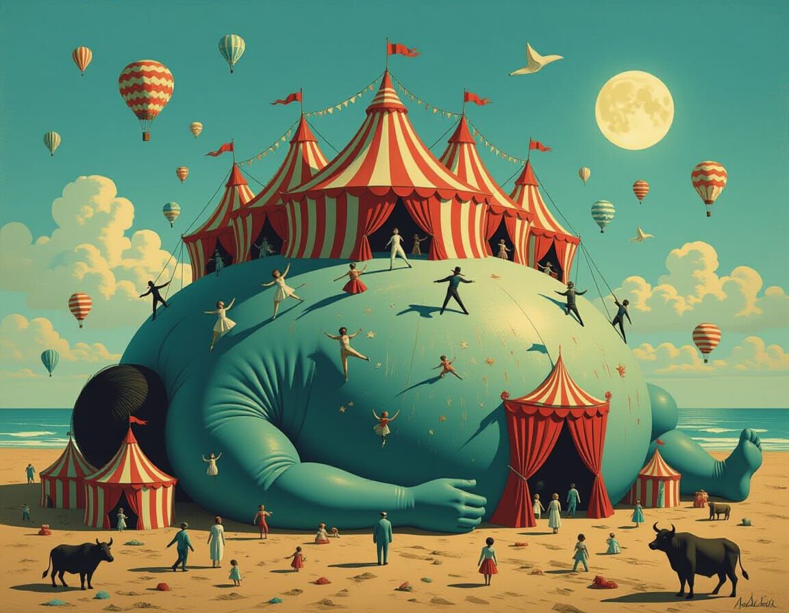 Surreal Circus on a Sleeping Giant in Dalí Magritte Style