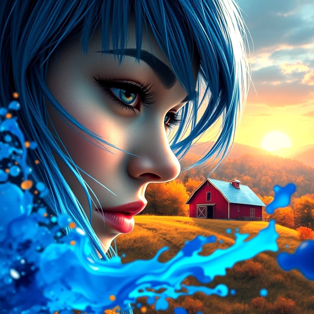 Vibrant Autumn Goddess Emerges from Blue Ink