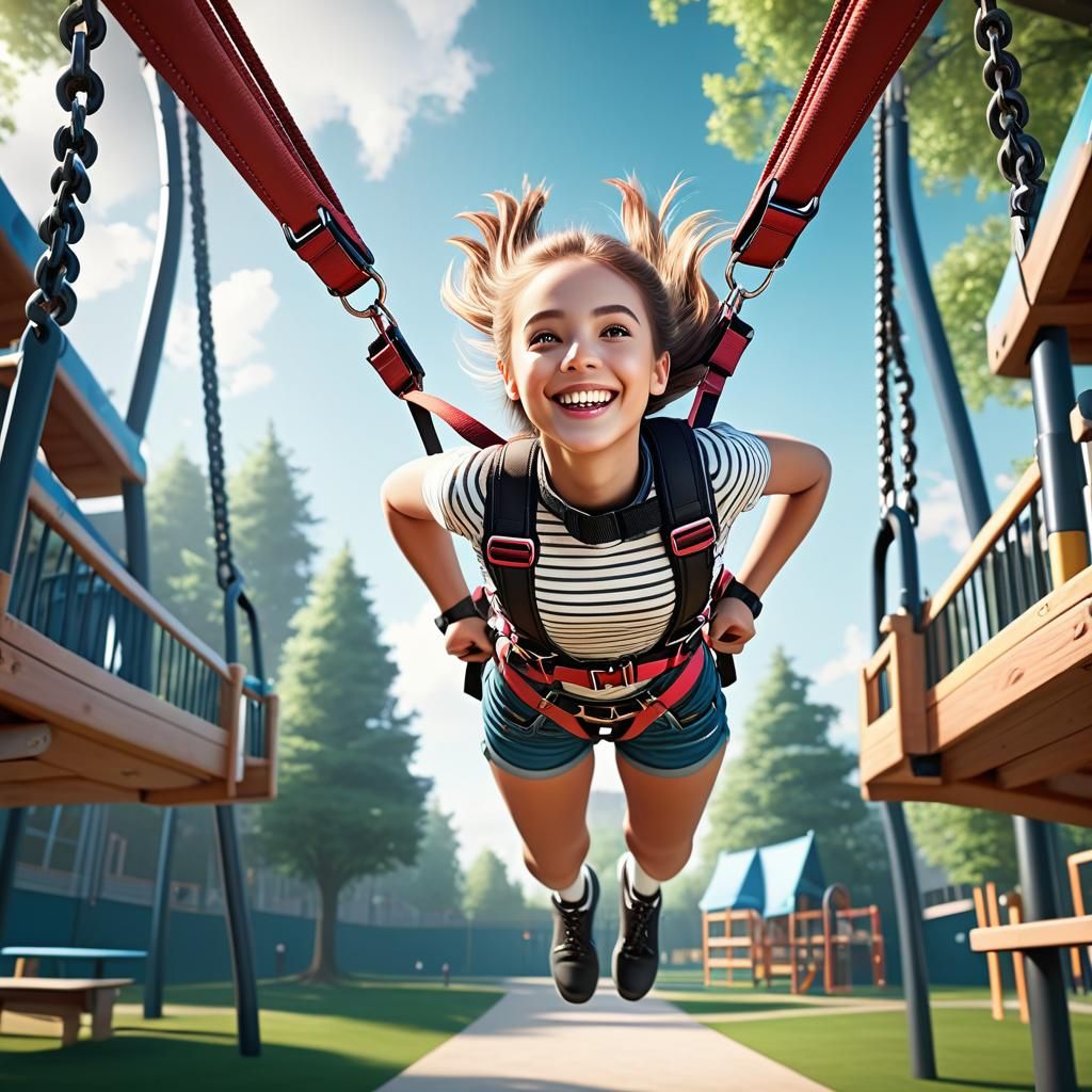 Adorable Girl Upside Down in Playground Harness