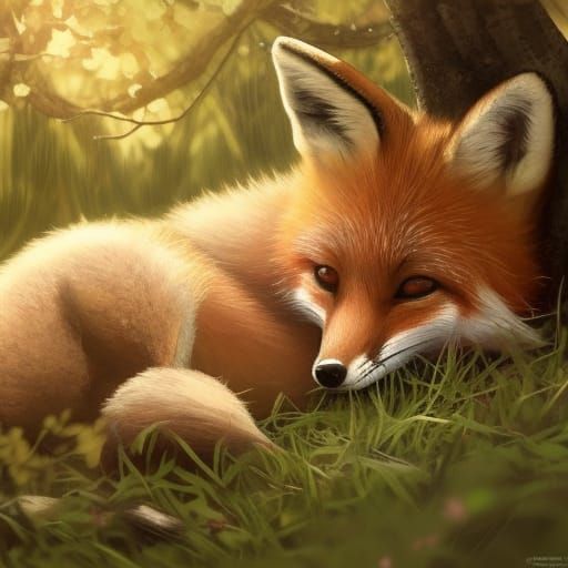 Baby Fox Sleeping Under Cherry Blossom Tree