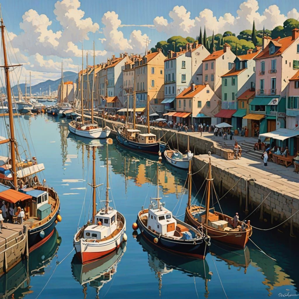 A sleepy French port in the style of Hiro Yamagata. FRENCH FISHING BOATS AND CARGO COATS AND SCHOONERS AND PLEASURE BOAT...