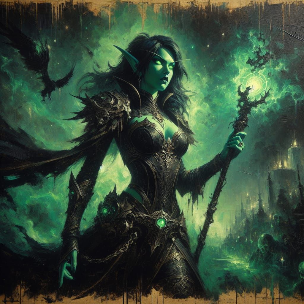 Dark Elf Necromancer in Gothic Acrylic Painting