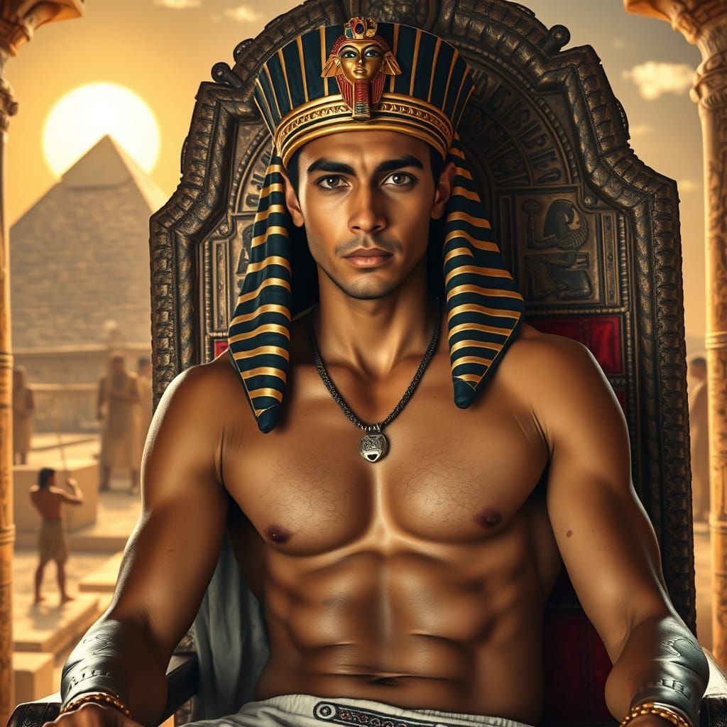 Young Pharaoh on Throne with Pyramid Construction