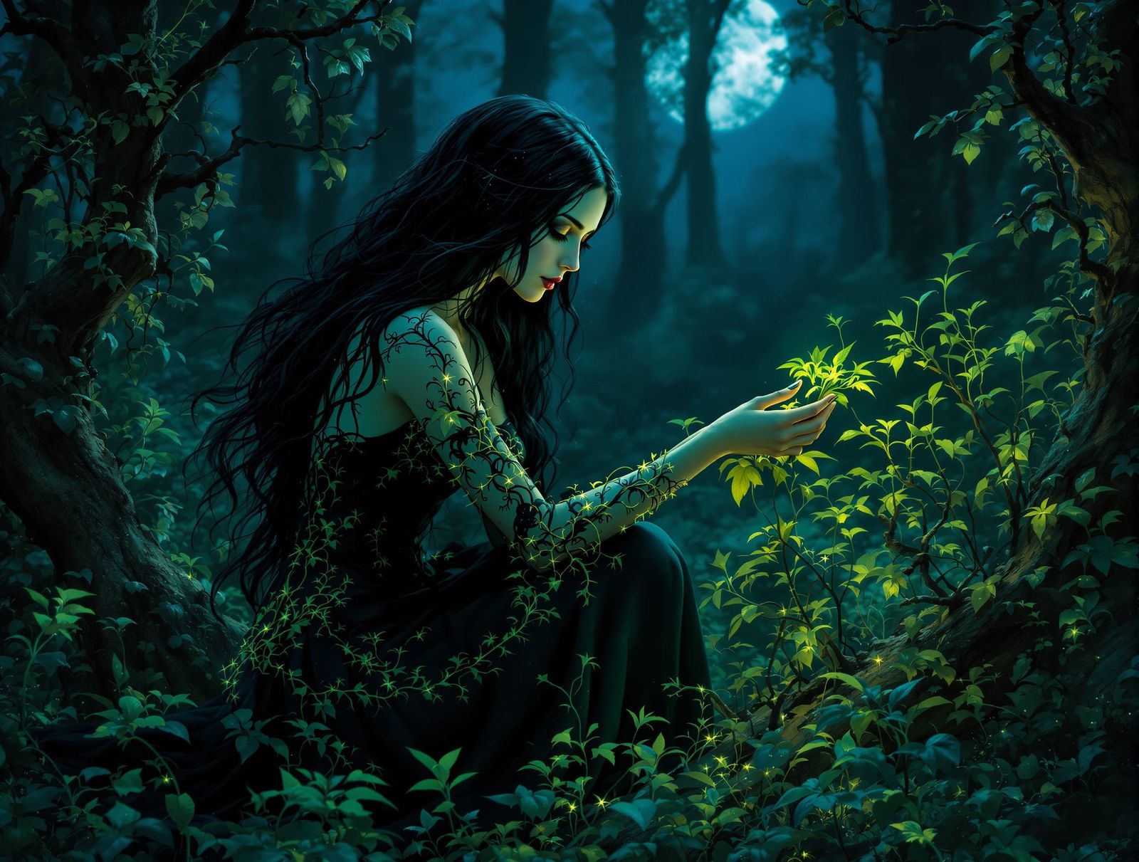 Gothic Woman Tending Glowing Herbs in Moonlit Forest