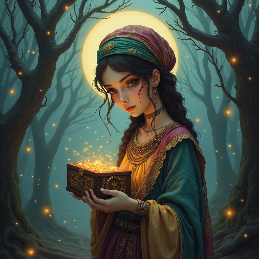 Mystical Gypsy with Rune Stones in Dreamlike Forest