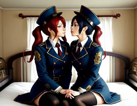 Steampunk Anime Twins Kissing in Bedroom
