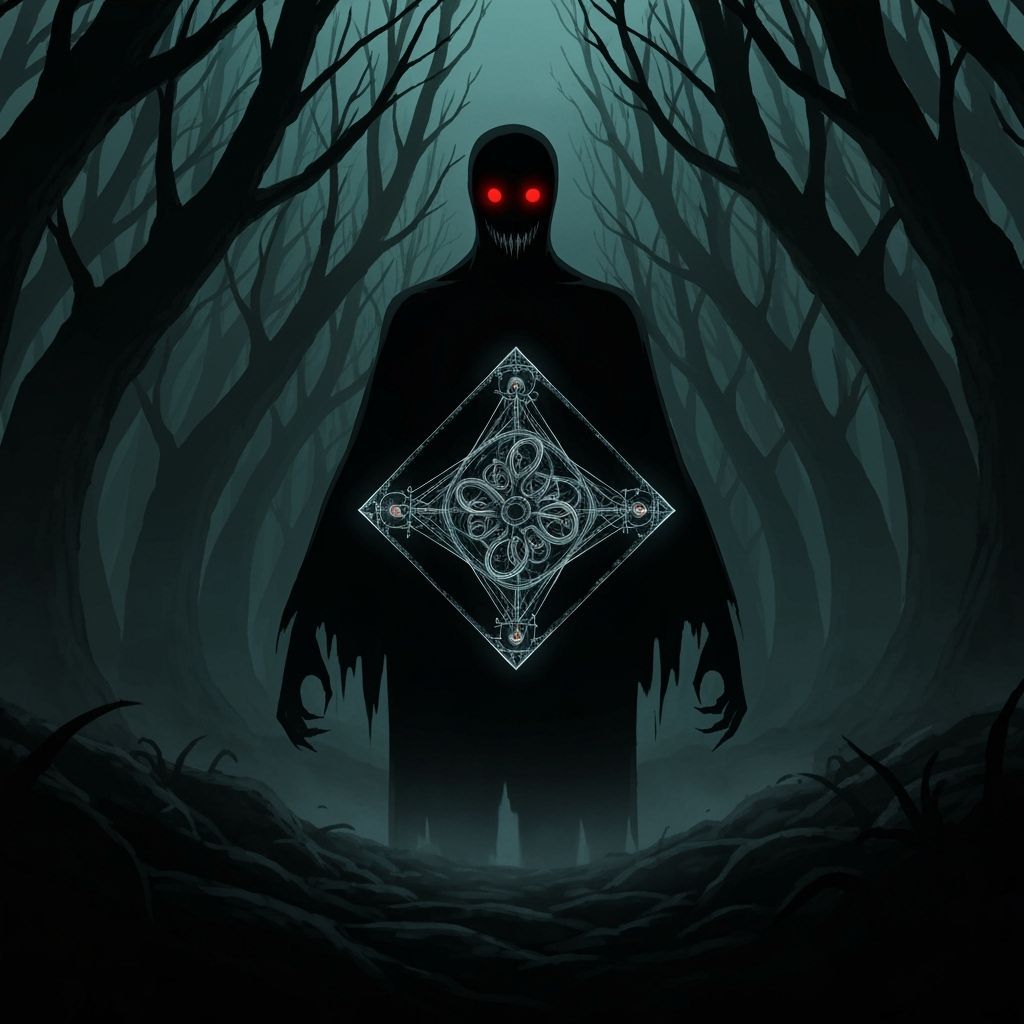 Shadow Figure and Mystical Artifact in Gloomy Forest