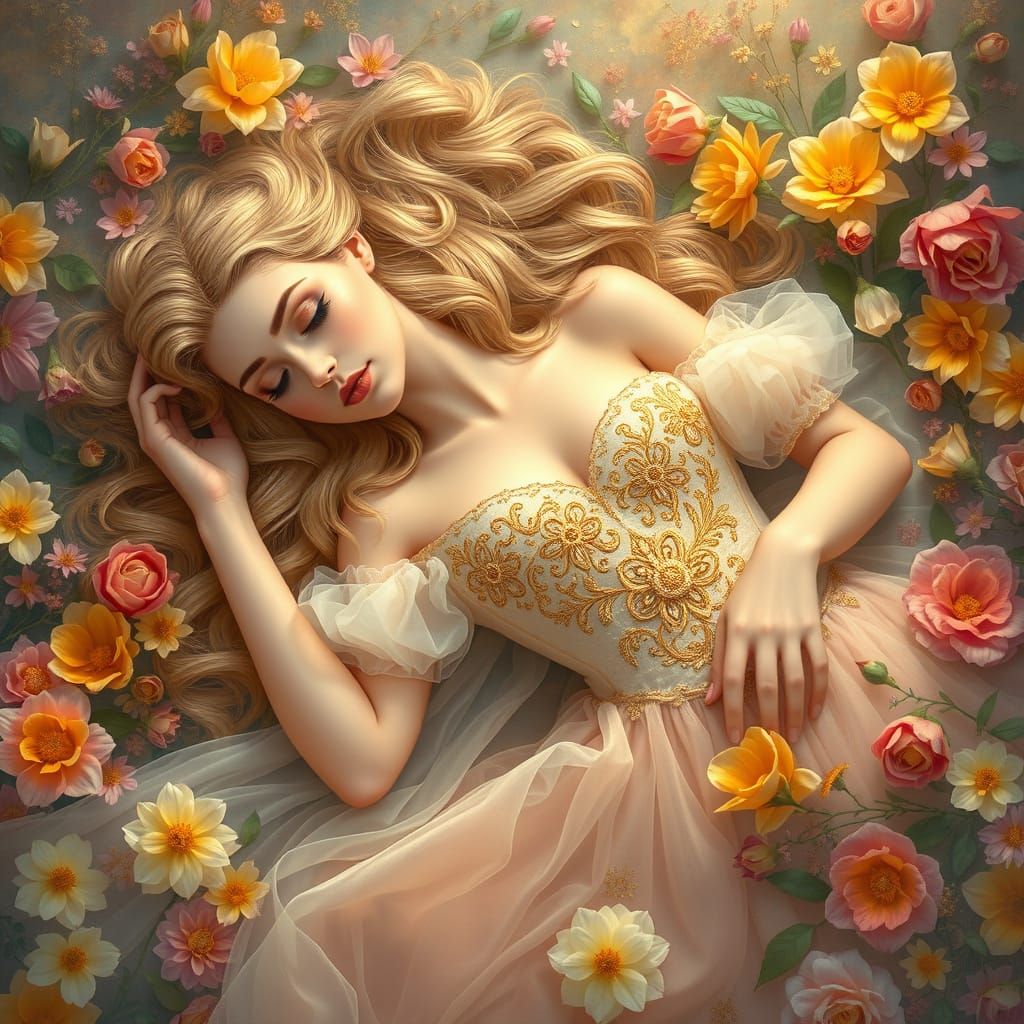 Sleeping Beauty in Whimsical Floral Wonderland