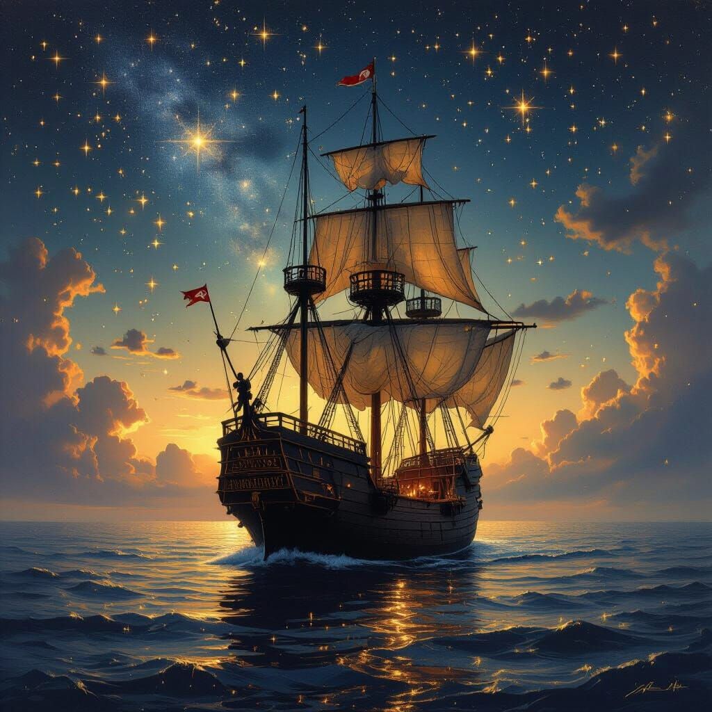 Galleon Sailing a Starry Ocean in Romantic Style