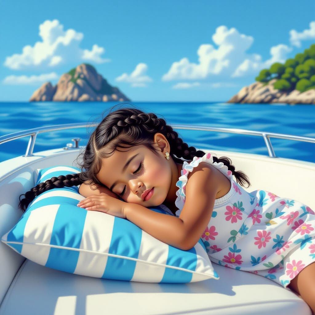 Toddler Girl Rests on Yacht Seat in Hyperrealistic Style