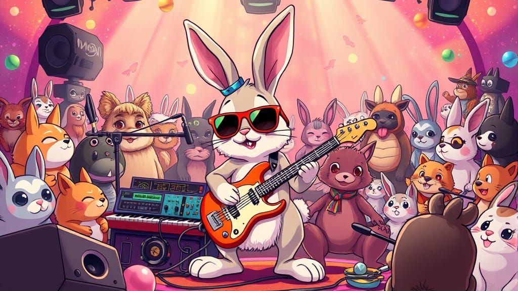Groovy Musical Bunny on Psychedelic Stage in Anime Style