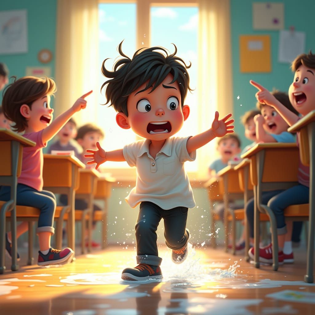 Distressed Boy Runs from Classroom: Digital Illustration
