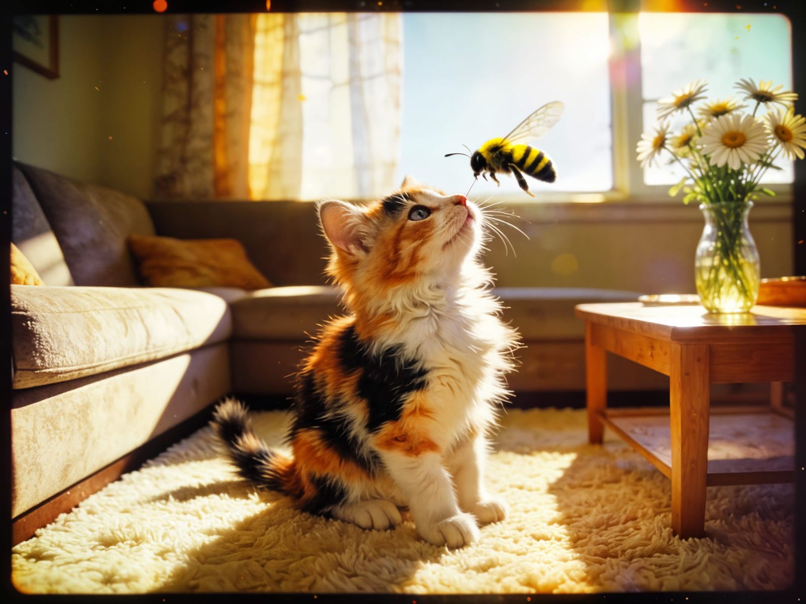 Fluffy Calico Cat Curious About Bumblebee in Cozy Living Roo...