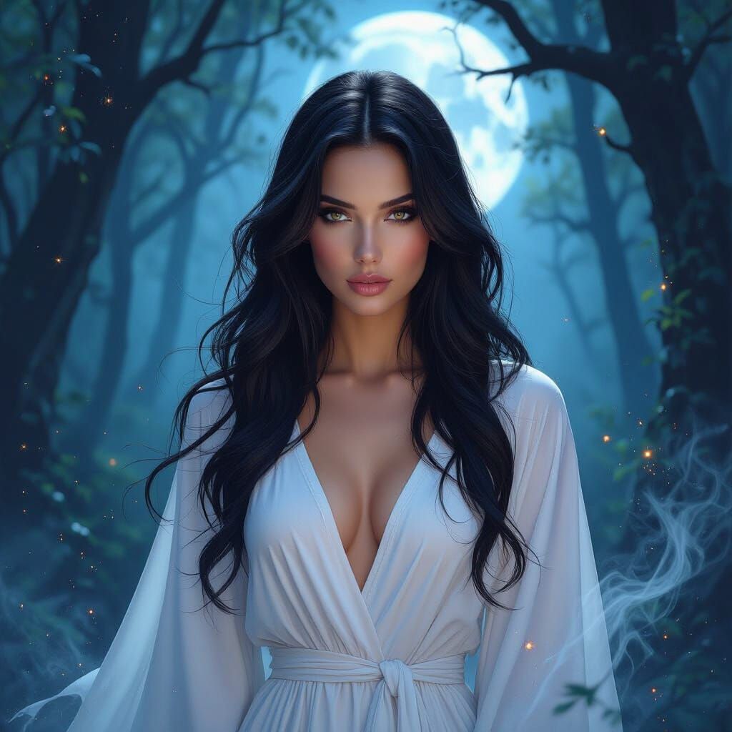 Mystical Raven-Haired Sorceress in Enchanted Moonlight Fores...