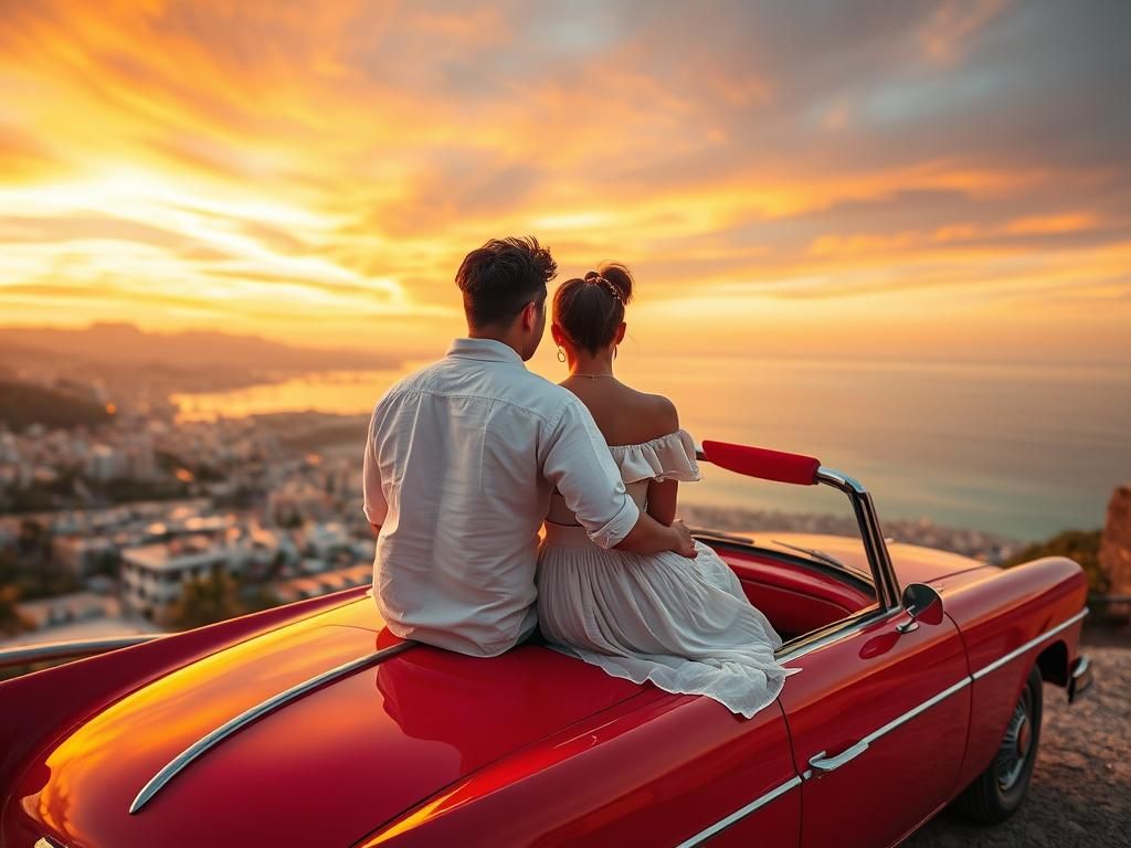 Couple at Sunset Over Coastal City, Cinematic HDR Style