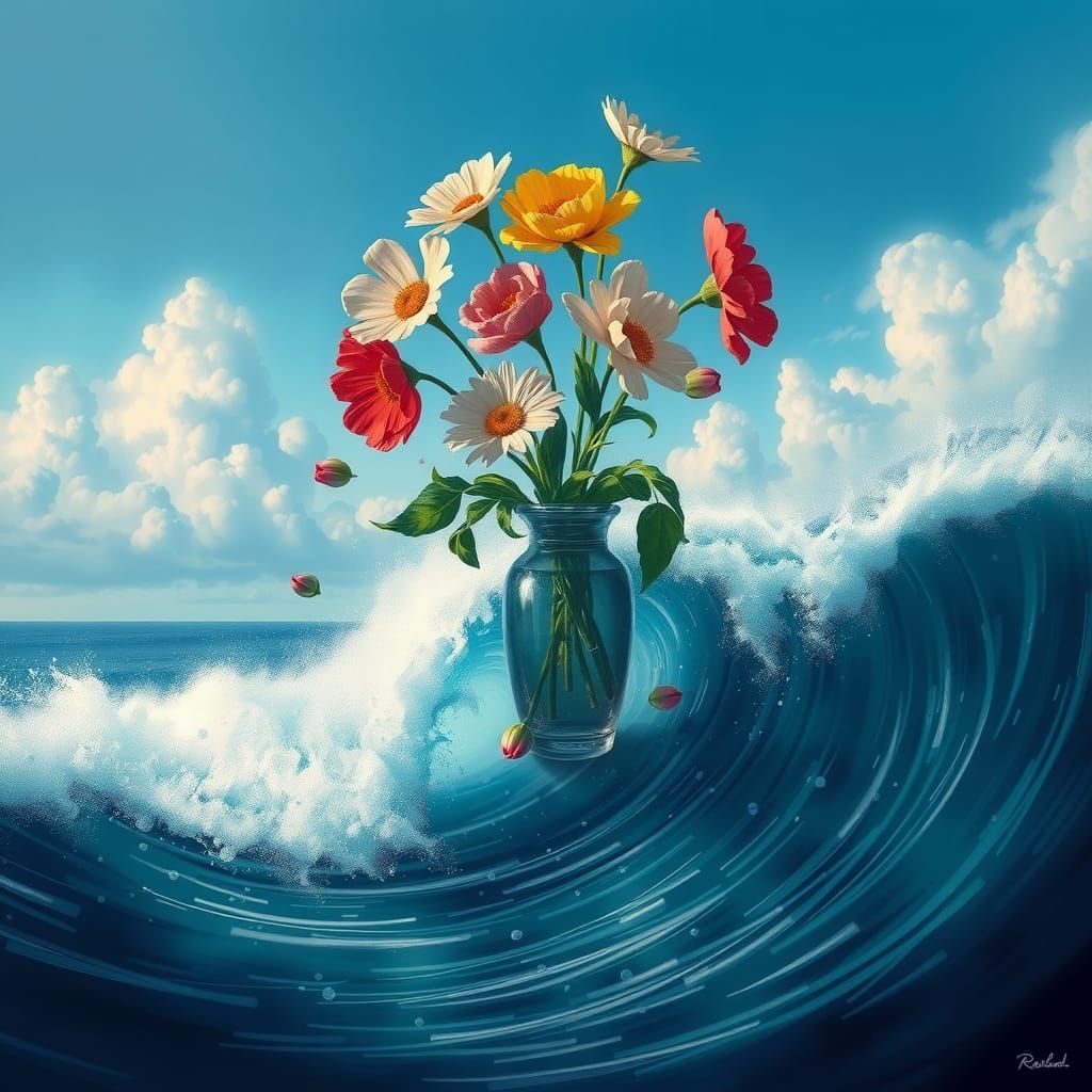 Vase of Flowers Atop Ocean Wave, Surreal Digital Art
