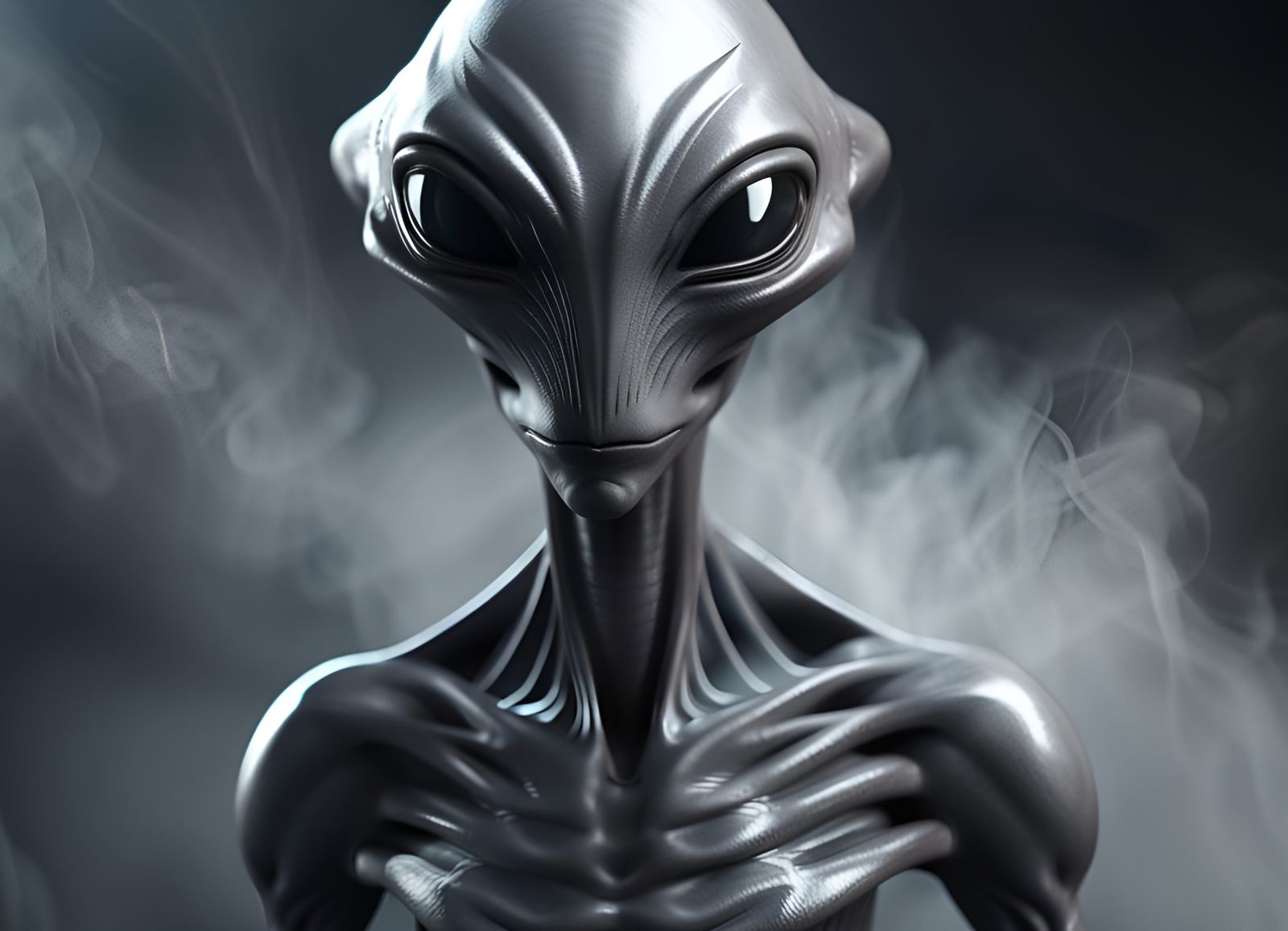 Menacing Gray Alien in Smoky UFO Landscape