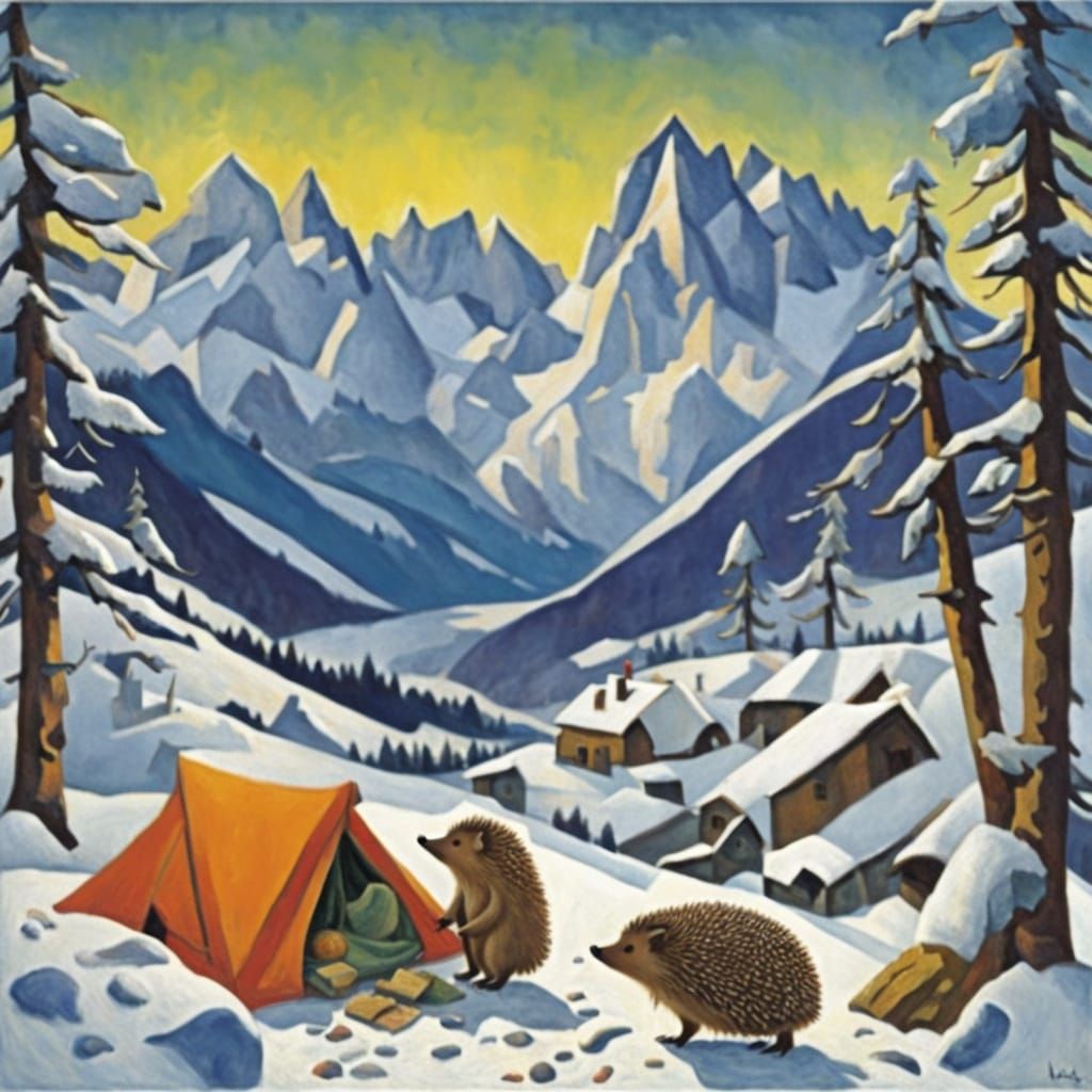 Surreal Winter Alpine Camp in Impressionist Style