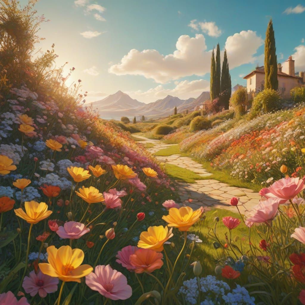 Surreal Lawn with Swirling Flowers in Abstract Style