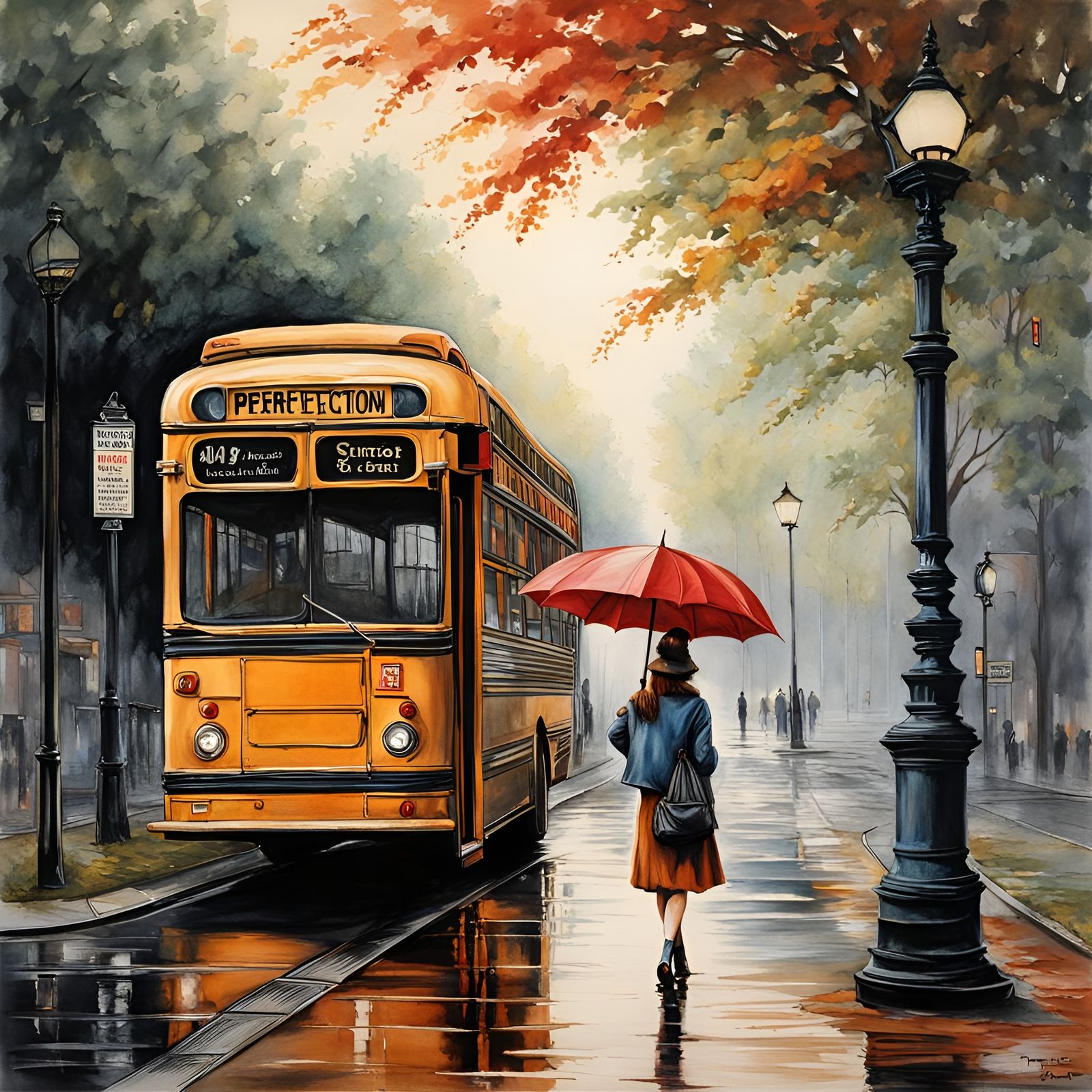 Hyperrealistic Bus Stop Scene with Girl and Umbrella