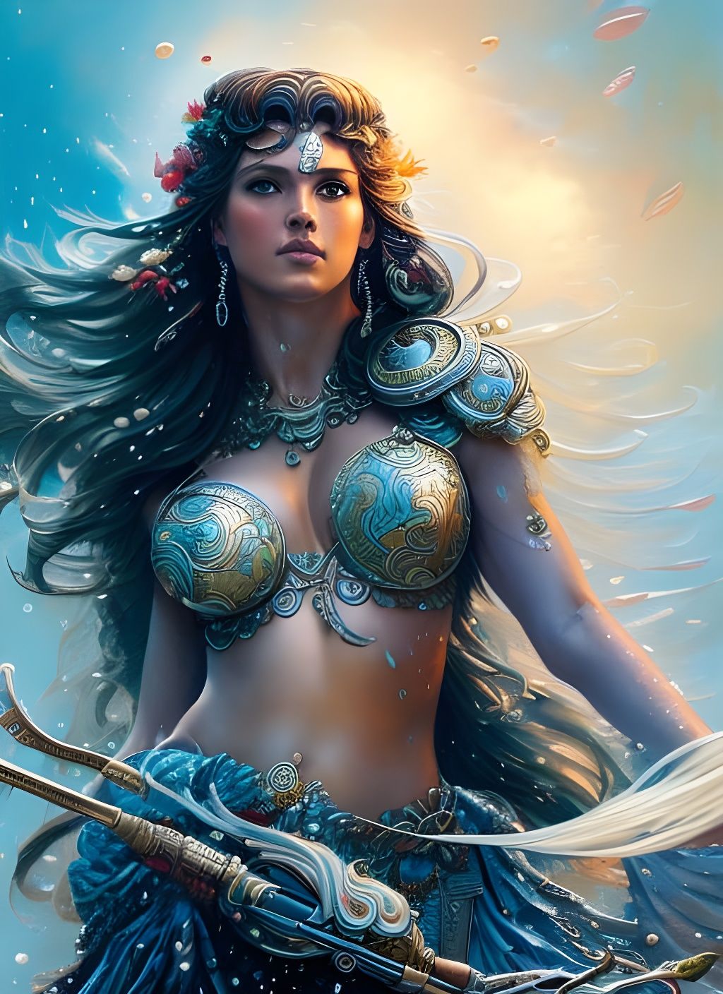 Ocean Rain Goddess Portrait in Impasto Style