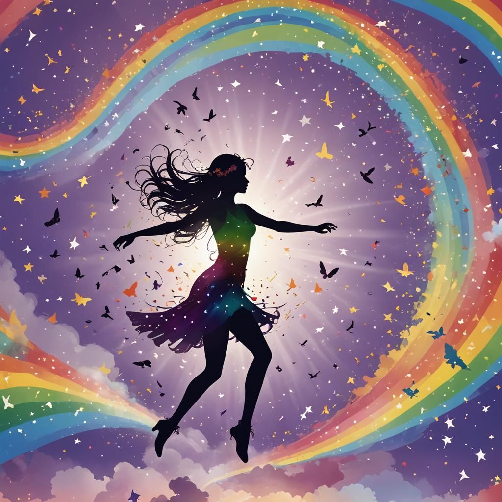 Woman Dancing Silhouette with Rainbow and Fairies