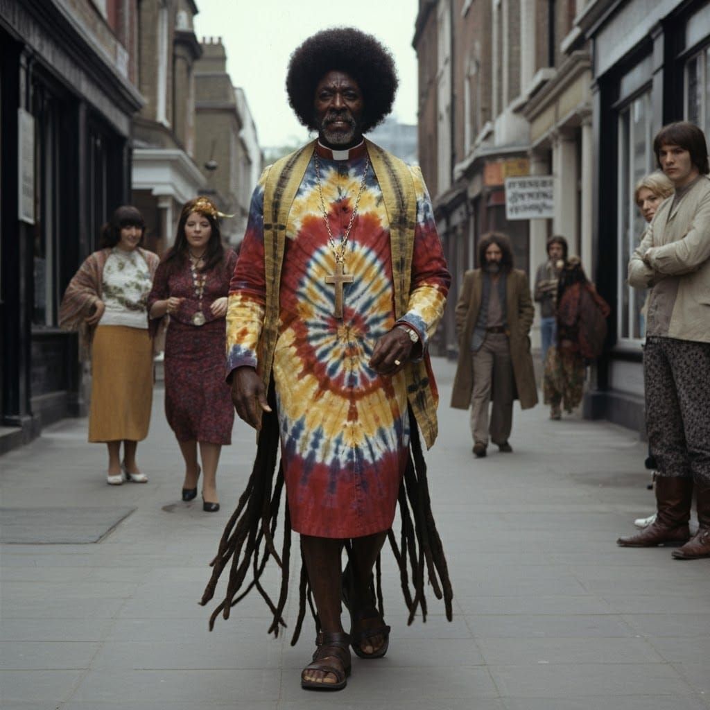 Tie-Dyed Priest Struts Down London Sidewalk