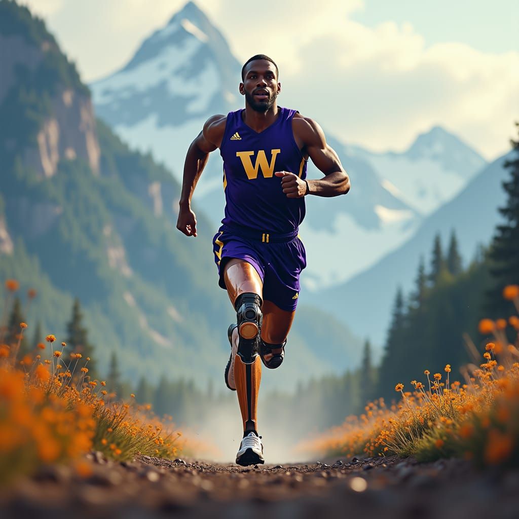 Athlete with Prosthetic Leg in Fantasy Landscape