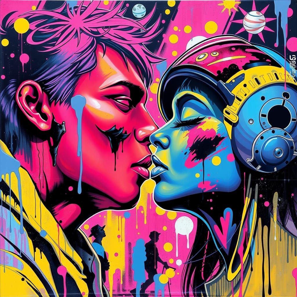 Space Kissing Graffiti Art in Synthwave Style