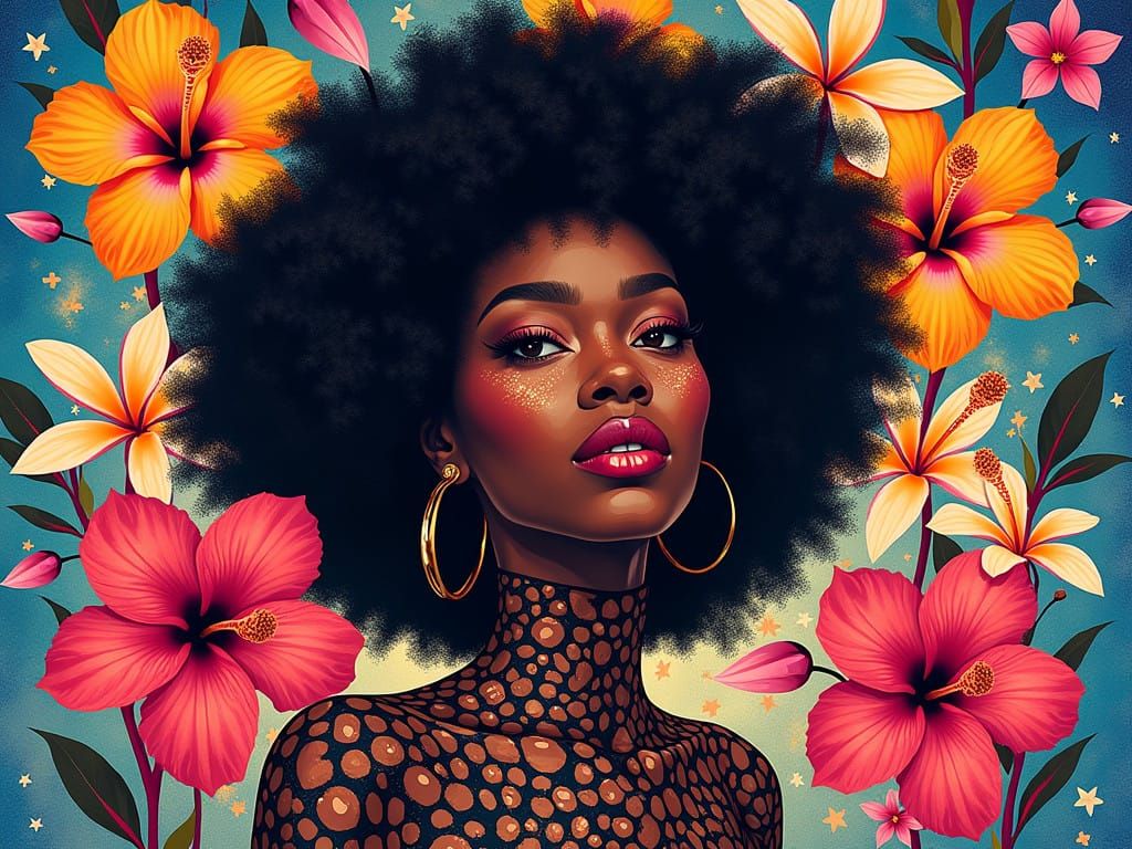 Bold, Surreal Portrait of a Black Woman Among Exotic Flowers...