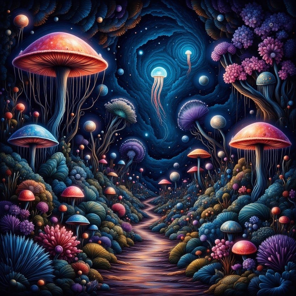 Bioluminescent Jellyfish in Alien Jungle At Night