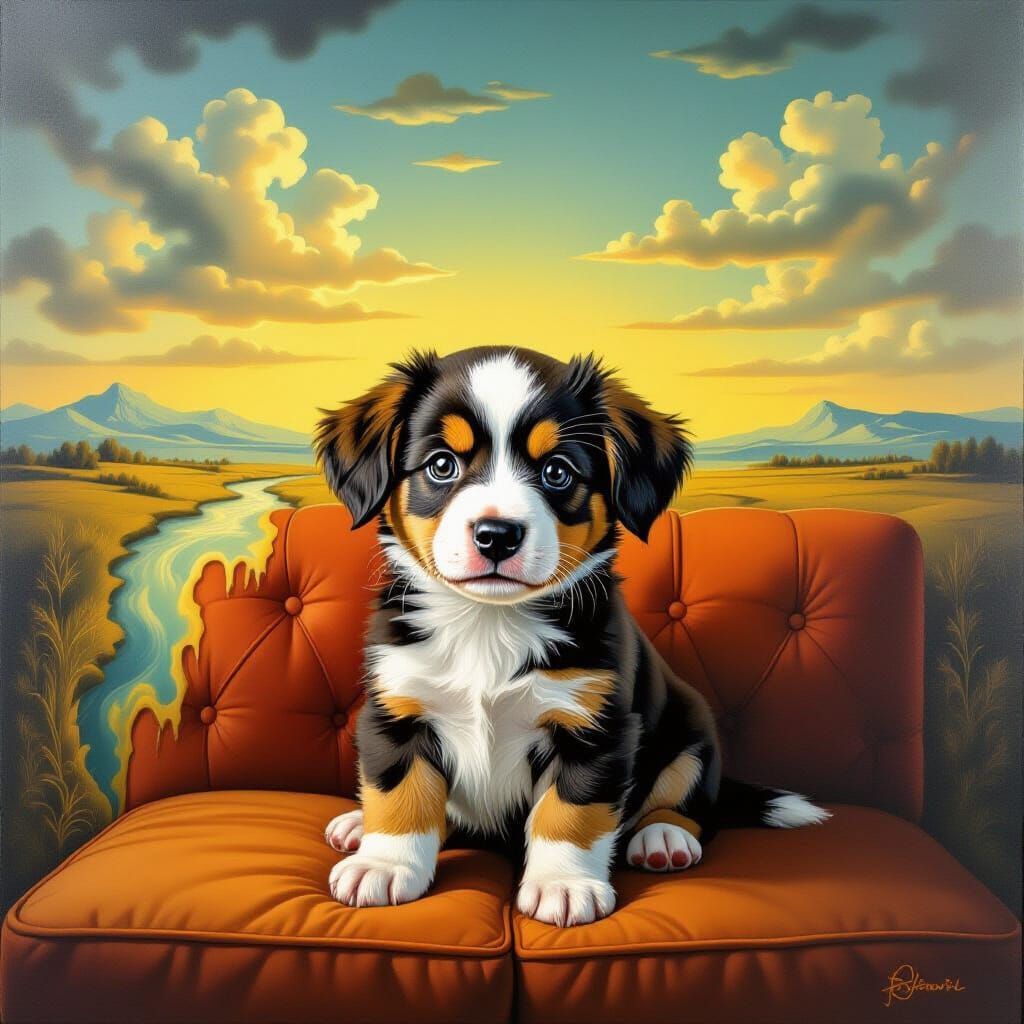 Cute Puppy on Couch in Surrealist Style