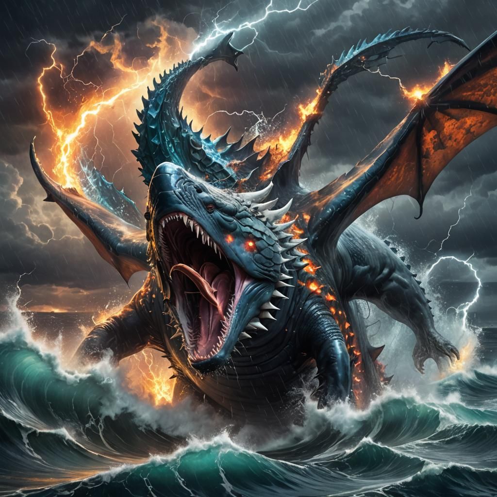 Angry Whale-Dragon Emerges from Stormy Ocean