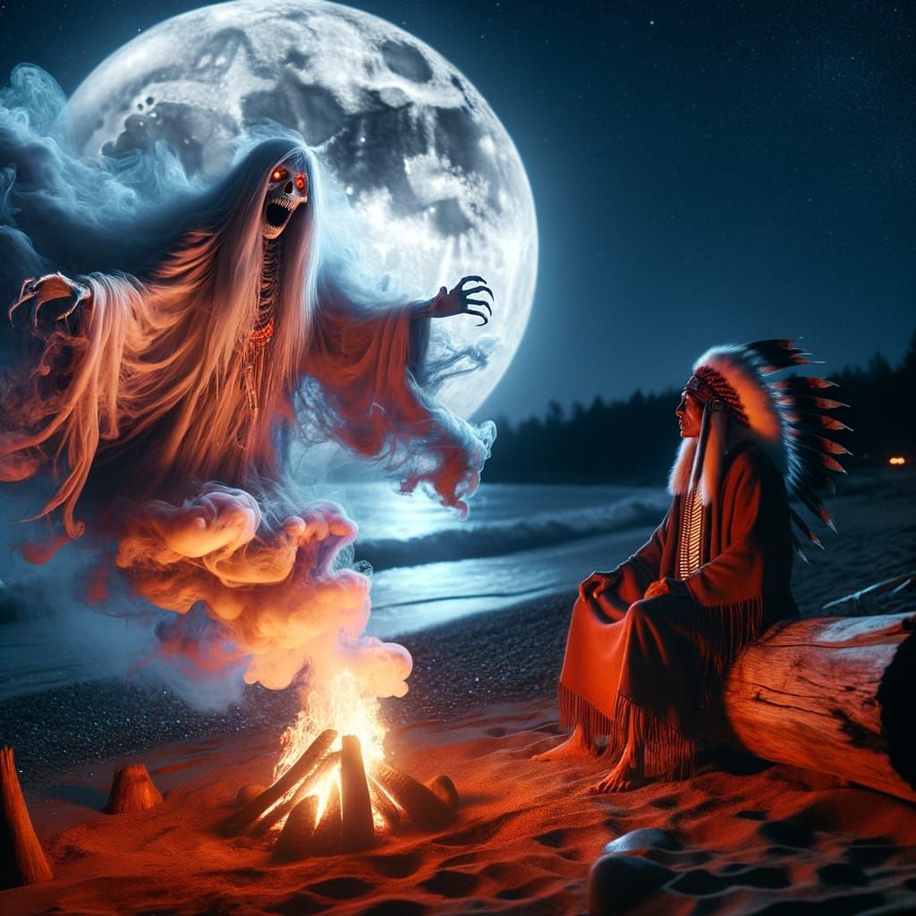 Eerie Beach Scene: Shaman Summons Ghost Under Blood Moon