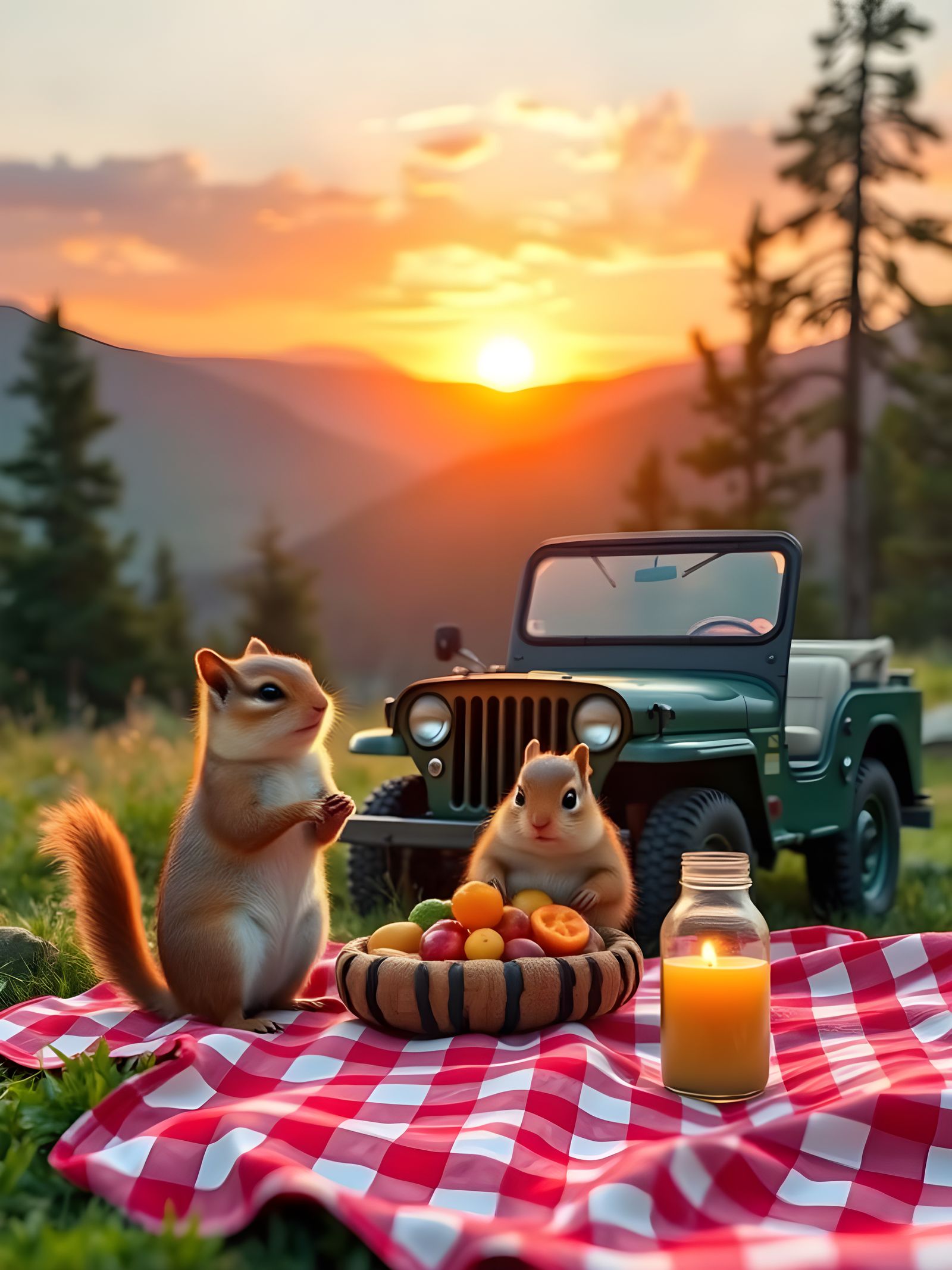 Whimsical Chipmunks Enjoy a Sunset Picnic in a Vintage Jeep